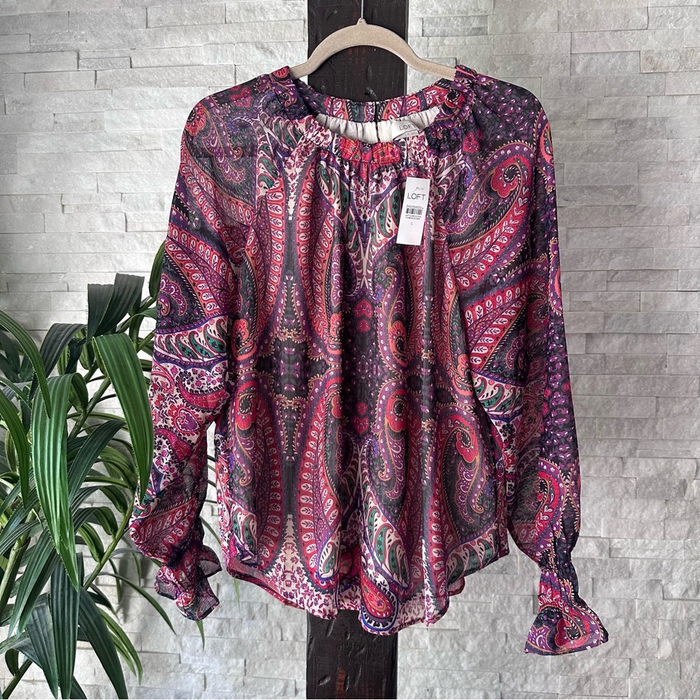 LOFT Paisley Fall Autumn Multicolor Boho Blouse Size S New with Tags